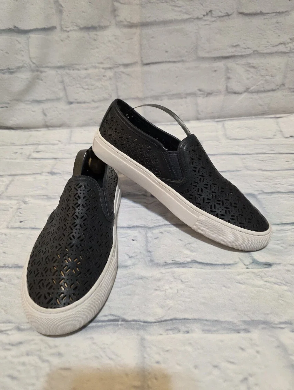 Tory Burch Navy Laser-Cut Slip-On Sneakers with White Sole